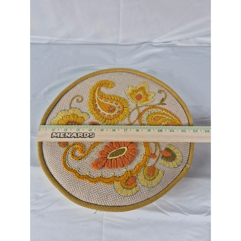 Vintage Crewel Embroidered Round Throw Pillow Boho Floral 70s‎ Cushion
